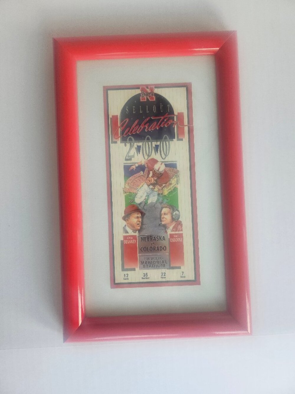 Red Framed Commemorative Ticket Stub Celebrating Nebraska Football's 200 Sellout